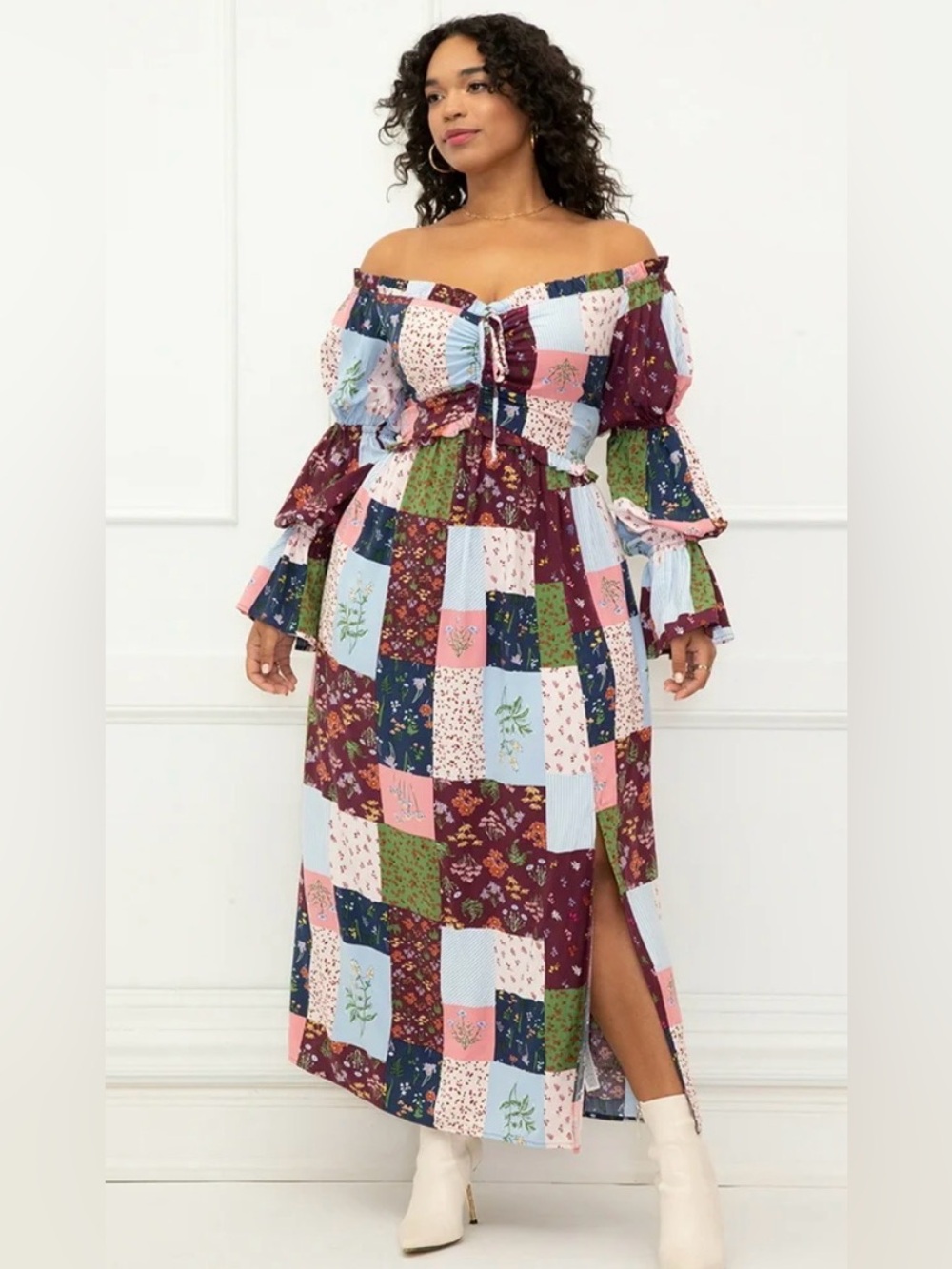 ELOQUII Elements Women's Plus Size Off The Shoulder Maxi Dress With Cinch 18-20